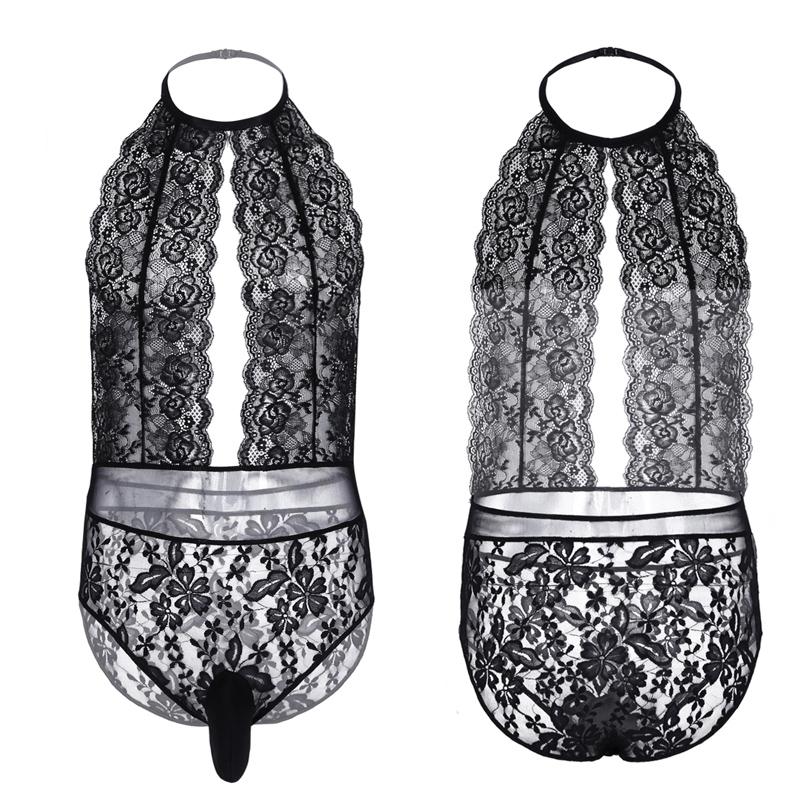iEFiEL Men's Underwear One Piece Transparent Sissy Lace Bodysuit Thong Teddy Leotard Underwear Lingerie