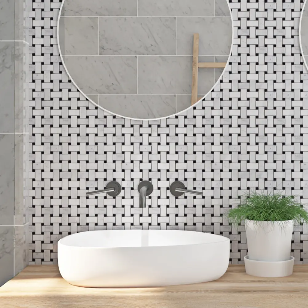 Shower Design Carrara White Marble Polished Basketweave Pattern Mosaic Tiles