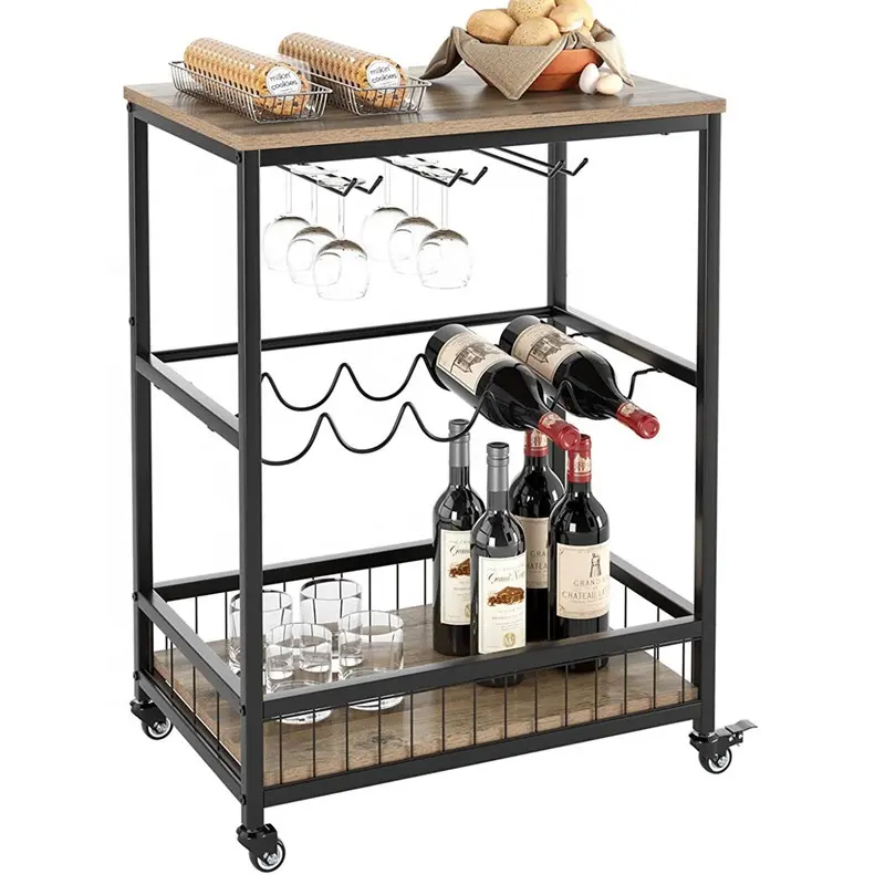 Mobile Wine Bar Trolley Carts for Home with Wheels, Wine Rack Table with Glass Holder, Utility Kitchen Serving Storage