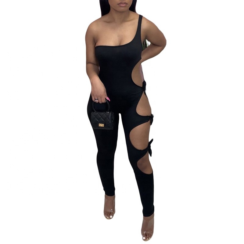 2021 new summer fashion sexy side hollow lace-up one-shoulder slim romper women