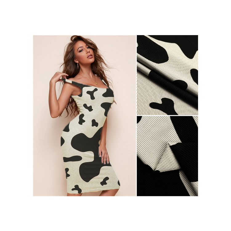 Hot Selling Milk Cow Dairy Cattle Pattern Dress Top Knitwear Polyester Spandex 2*2 Rib Printed Knitted Fabric