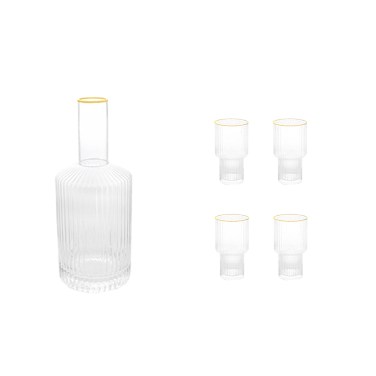 Customized 1L Gold Rim Glass Water Pitcher Water Jug Set with 4 Cups Vertical Lines Creative Shape for Daily Life