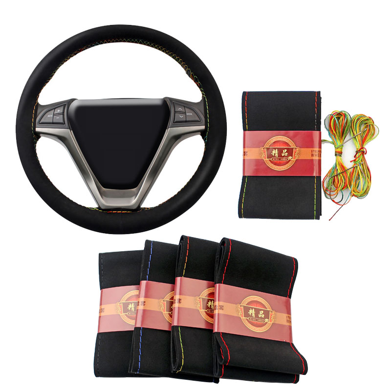 Non-slip Black Leather Diy Suede Hand Sewing Steering Wheel Cover Universal Stitch
