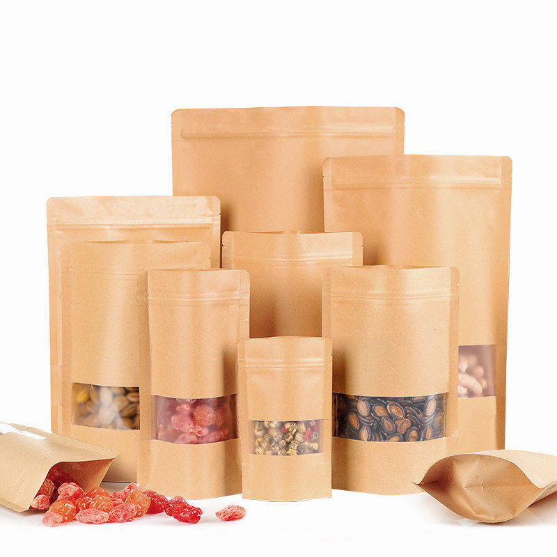 Wholesale and retail minimum quantity window design logo size food packaging kraft paper bag