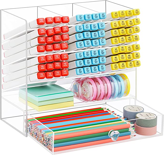 Acrylic Pen Holder with Drawer pens and pencils stationery Desktop Art Organizer for Office School Art Supplies