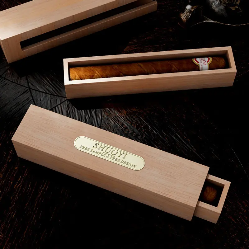 Empty Custom Metal Logo Solid Cedar Wood Cigar Humidor Travel Single Cigar Boxes Tube Wholesale