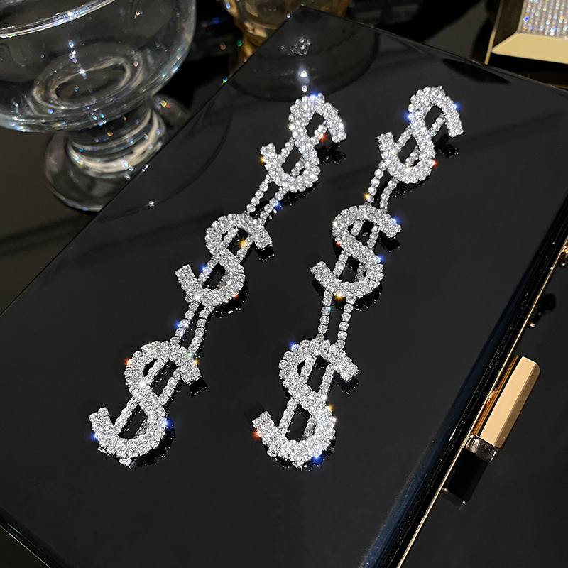 Luxury Money Sign Rhinestone Earrings for Women Shiny Crystal Dollar $ Letter Dangle Earrings Jewelry Accessories