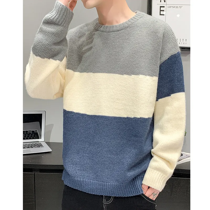 Knitted Sweater Men Korean Style Fashion Pullovers Men Long Sleeve Casual Boys Fall Plus Size Crew Neck Knitted Man Sweaters