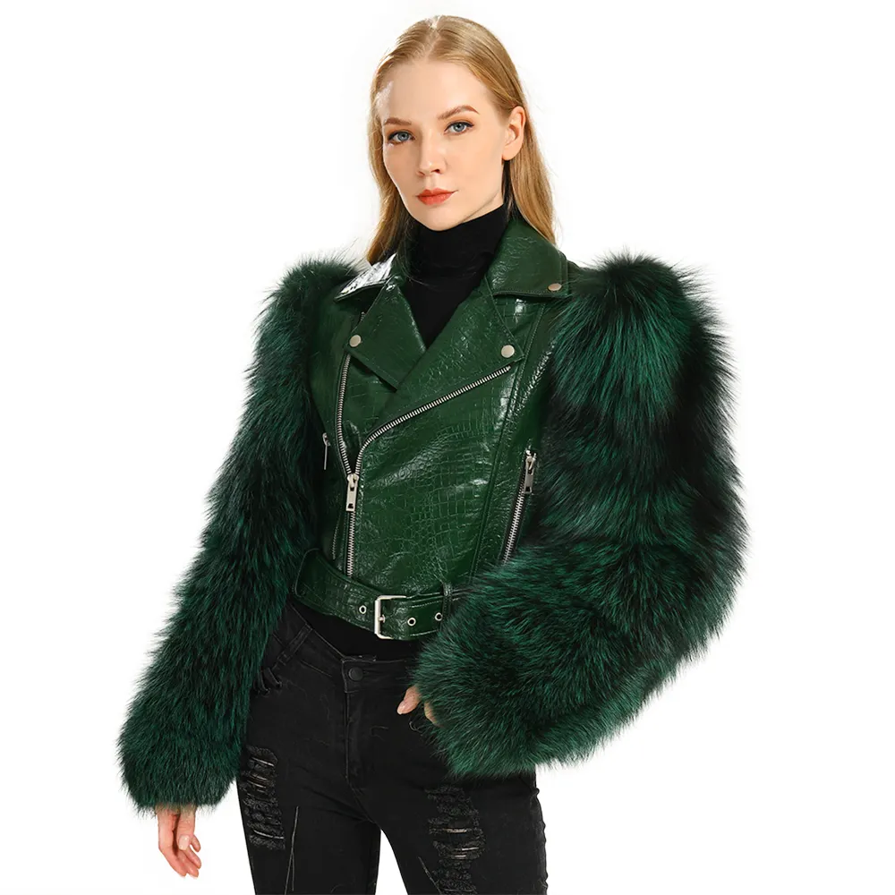 Long Sleeves Plus Size Fur Bubble Coat Genuine Leather Jacket Luxury Whole SKin Women Cropped Real Fox Fur and Leather Coat