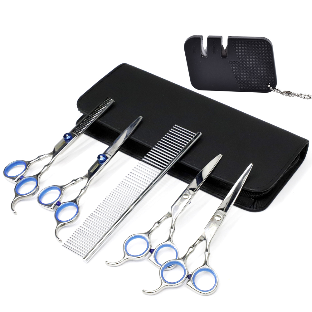 Amazon Hot Sale 5 Pieces Scissors Pet Dog Grooming Scissors Set with Sharpener