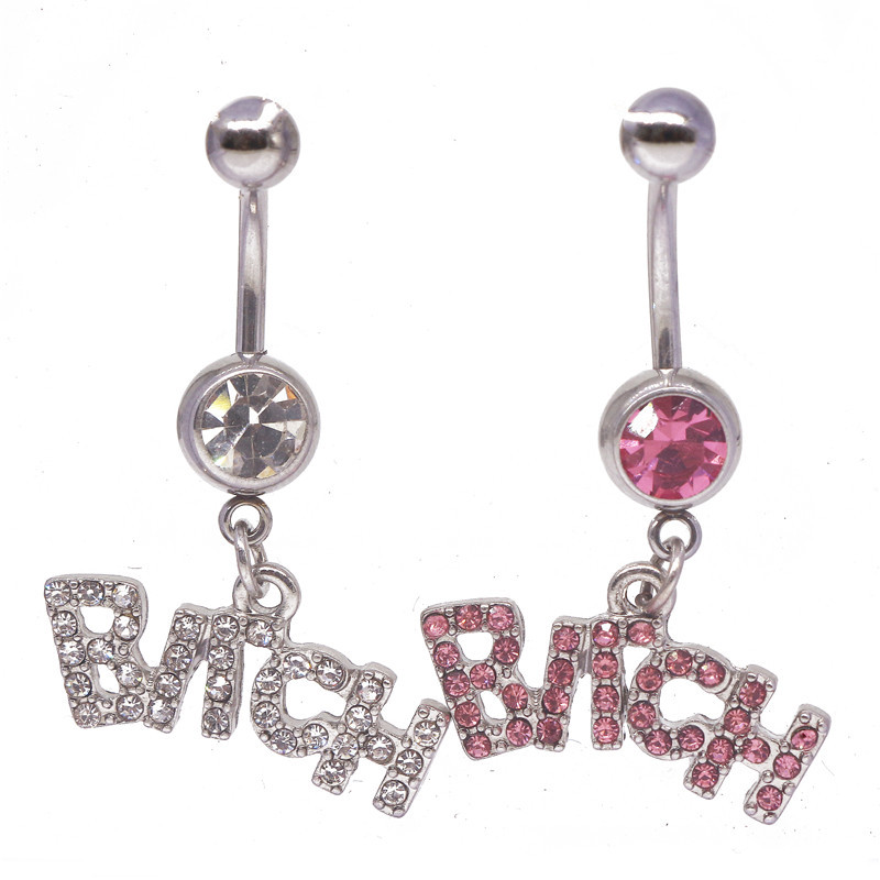 Sexy Party Body Jewelry Pink Crystal Letter Bitch Stainless Steel Initial Letter Belly Button Ring Navel Rings Piercing