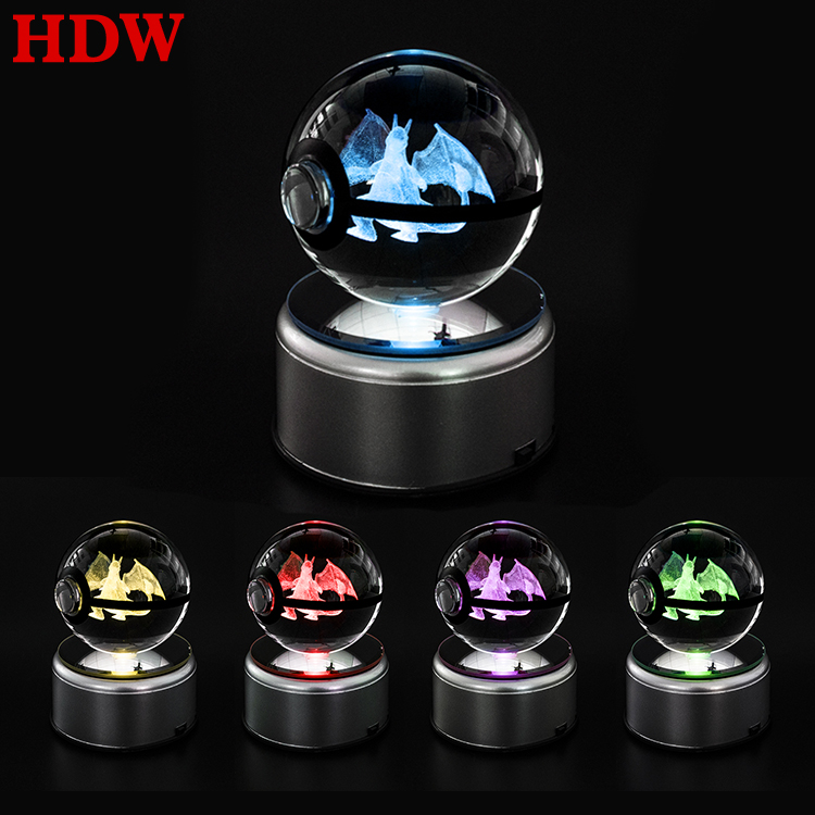 Wholesale pujiang factory 3D Laser Engraving anime custom clear Crystal Poke Ball With Led Lighting Base for promotional gift