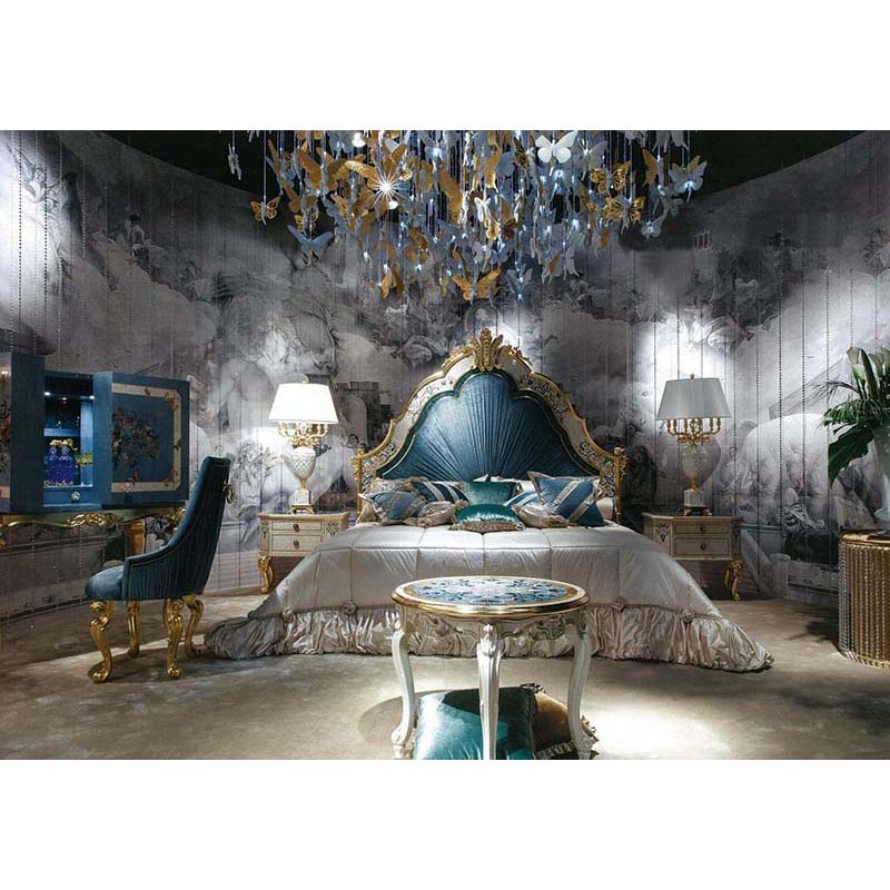2021 Mid century Italia french palace furniture high end bedroom set main room furniture fabric high back king size bed