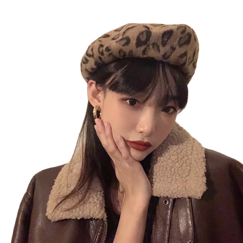 Girls' Leopard Print Wool Beret Hats Women Ladies Fashion Painter Wool Outdoor Autumn Warm French Berets