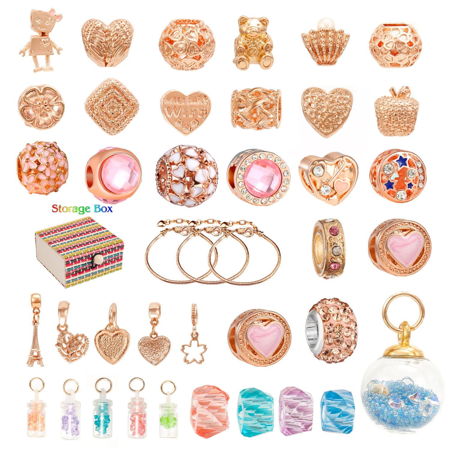 Hobbyworker Rose Gold Big Hole Glass Rhinestone Pendant Beads Kits For DIY Jewelry Bracelet Making