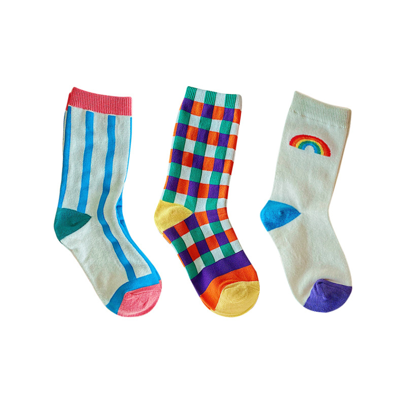 Hot sale spring autumn children boy girl socks plaid vertical stripes rainbow kids socks