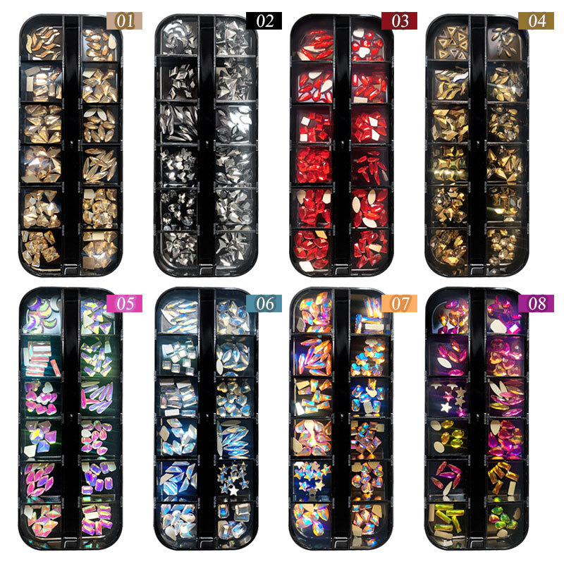 12 Grids Flat-bottom Glass Nail Art Rhinestones Mix AB Colors Diamond 3D DIY Manicure Nail Decorations Accessories