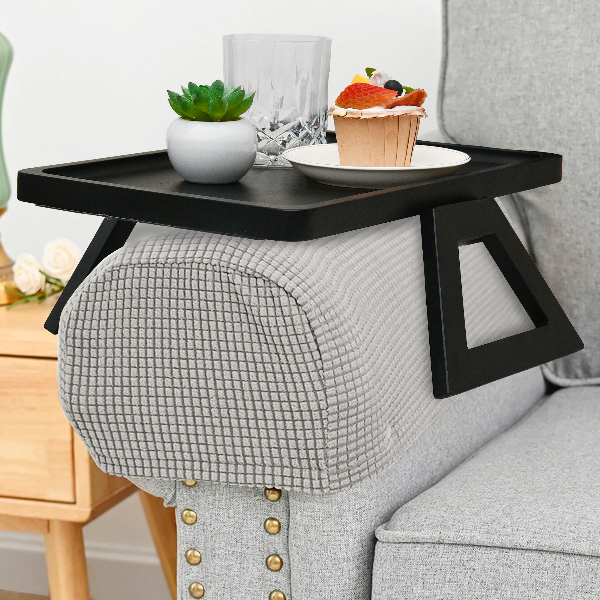 Modern Bamboo Living Room Coffee Table Tray with Silicone Couch Clip-On Design
