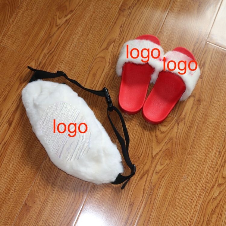 Most popular dyed pink color mink fur room slippers soft fur sandals slides with CC custom logo