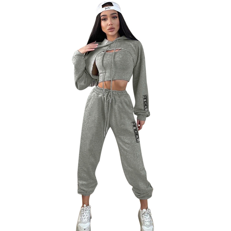 European American New Fashion Printed Three-piece Printed Hooded Vest And Leggings Set Pants Custom Sweatpants Set Sweatshirts
