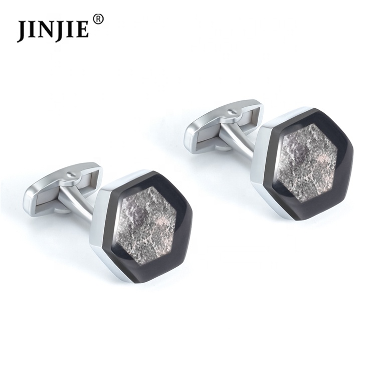 Retail zinc alloy material custom logo design hexagon shape epoxy designer cufflinks jewelry for men
