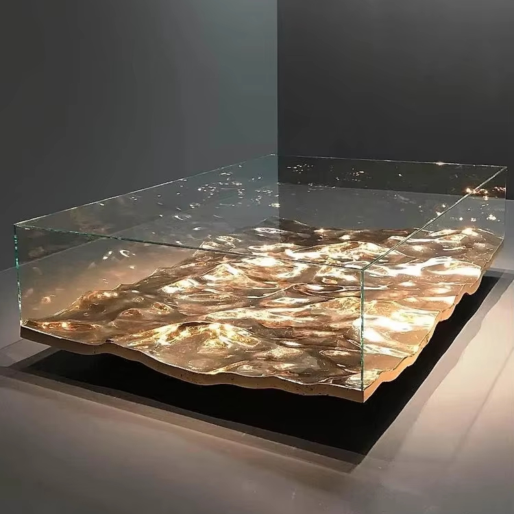 Luxury Nordic Style Artistic Water Ripple Wave Shape Irregular Shaped Glass Mirrored Acrylic Coffee Table Tea Table Furniture
