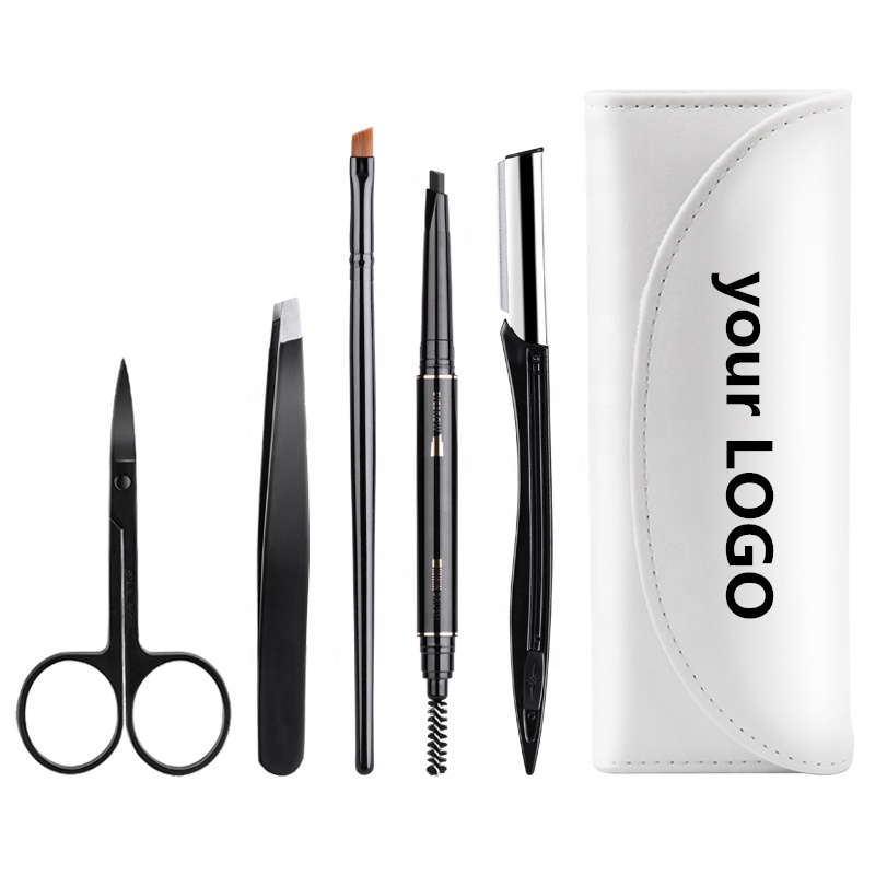 Hot Sale Custom Black 5pcs PU Leather Eyebrow Scissors Tweezers Set