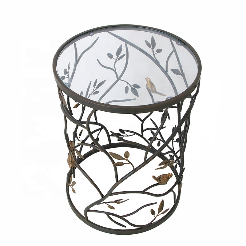 Glass Top Hollow Table Round Small Metal Frame Geometric Eyelet Pattern Luxe Modern Stylish Nightstand Bedroom Furniture