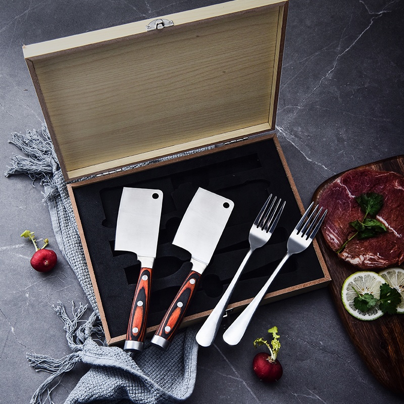 Hot selling pakkawood steak knives  Best sale kitchen mini cleaver knife and fork set  Stainless steel steak fork knife set