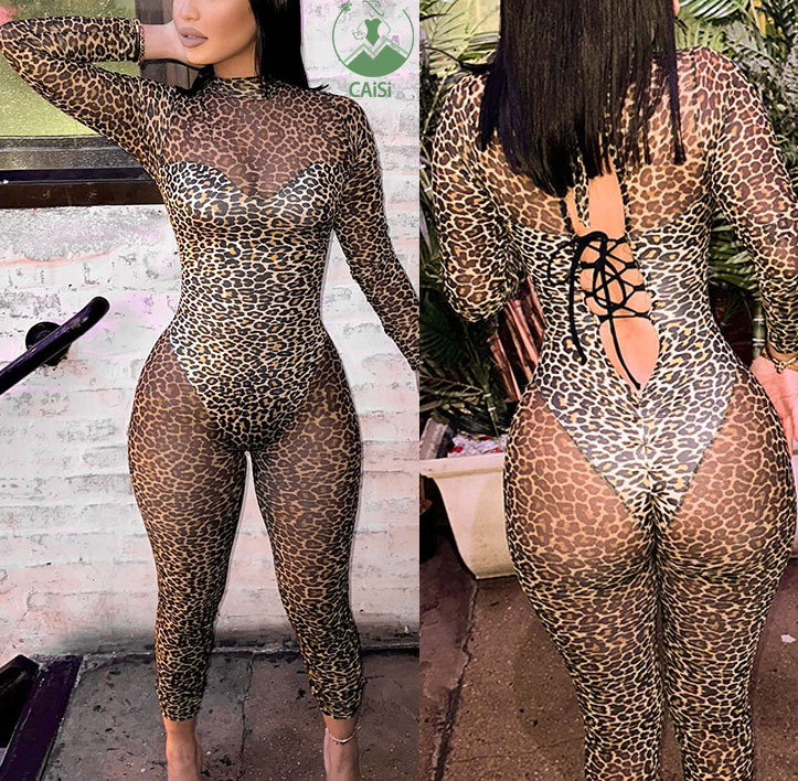 Sexy Spring Women Bodysuits Leopard Print Jumpsuits Mesh See Through Playsuits Ladies Bodycon Jumpsuits Bandage Rompers Women