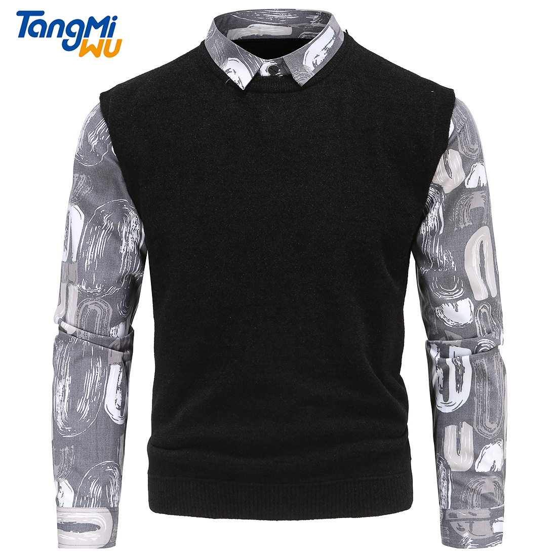 TMW wholesale 2021 mens sweaters pullover Shirt collar pull homme men slim print shirt knitting crew neck sweater
