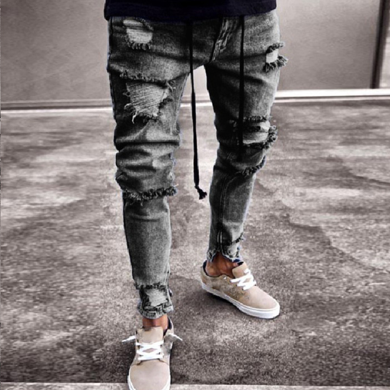 Men's black cartoon patch personality hole zipper youth male biker handsome slim casual jeans trousers