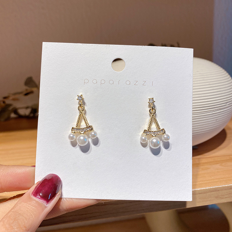 Jewelry 925 silver needle hollowed out triangle pearl earrings for women's Korea East Gate temperament simple Earrings