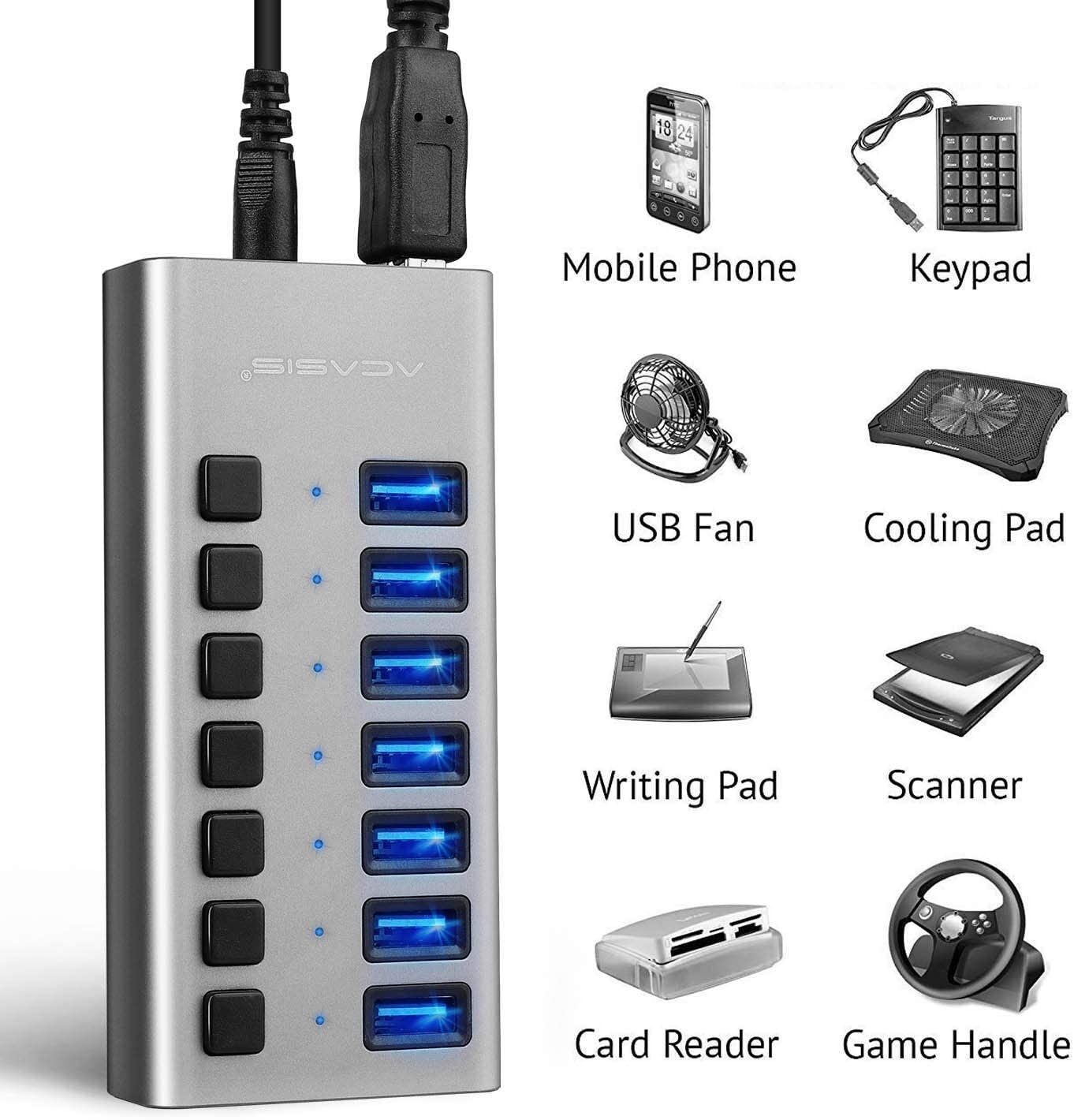 Концентратор USB 3,0 с 7 портами, умные зарядные порты с индивидуальными выключателями питания и светодиодами, в комплект входит адаптер питания 36 Вт 12 В/3 А