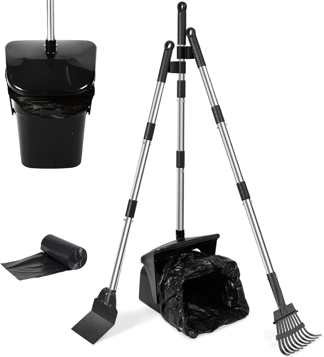 Poop Scooper Swivel Bin Rake & Shovel for Medium and Large dogs Heavy Duty Pooper Scooper with 20 Waste Bags