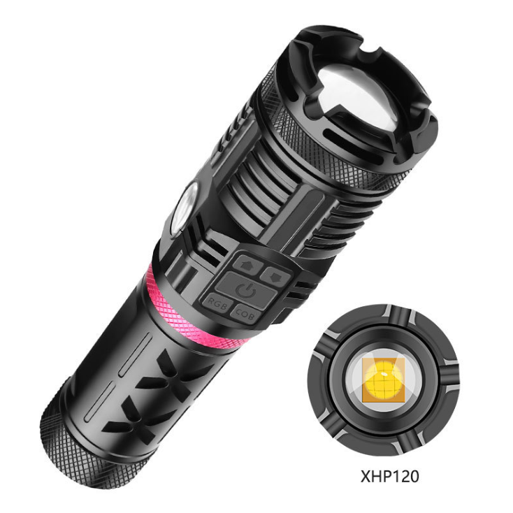 XHP120 Outdoor Strong Flashlight USB Rechargeable LED Torch Multi-Function Torch Waterproof Zoomable RGB COB LED Flashlight