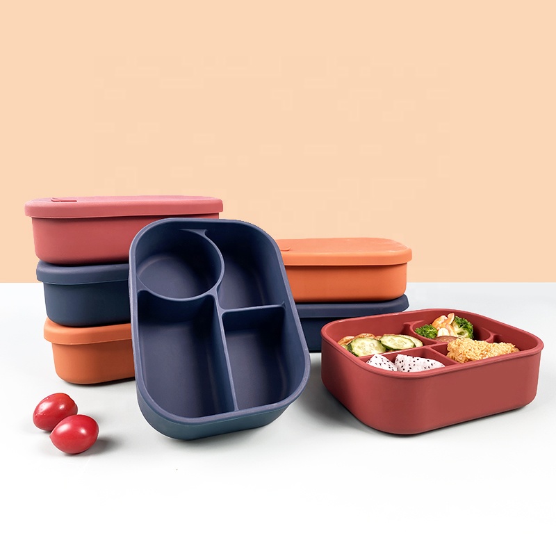 Wellfine Bpa Free Custom Silicone Snack Box Kids Food Snack Storage Box for School Non Spill 4 Compartments Bento Lunch Box