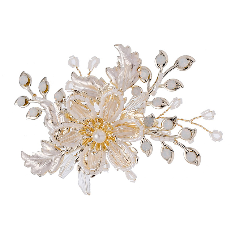 Wholesale Handmade Bridal Pearl Headpiece Hair Accessories Beaded Flower Wedding Women Gold Leaves Hair Clips