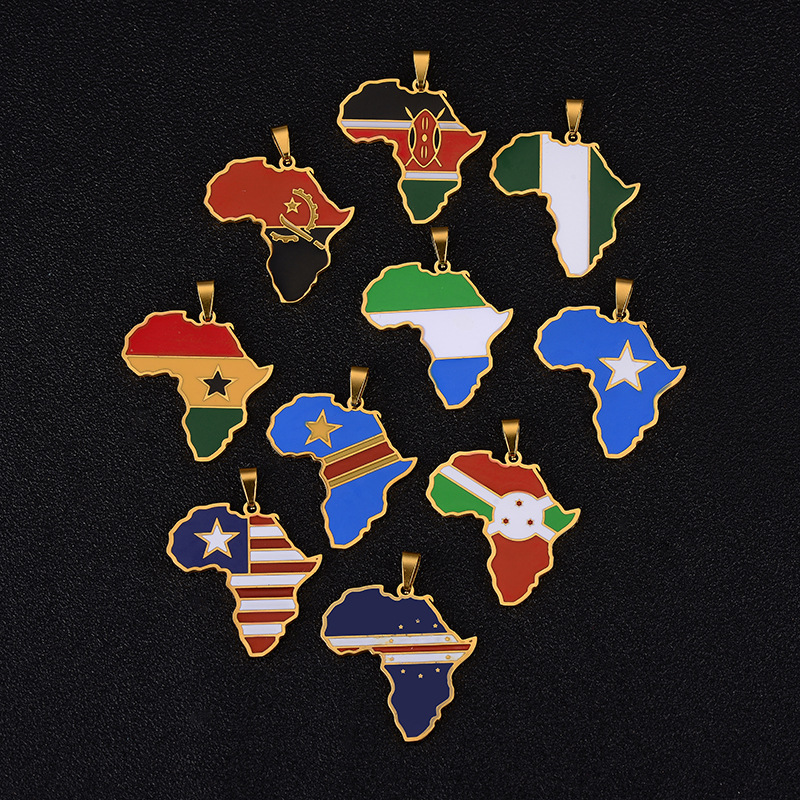 Personality 24k Gold Plated Africa Map Pendant Hip Hop Necklace Stainless Steel Kenya Ghana Nigeria Flags African Map Necklace