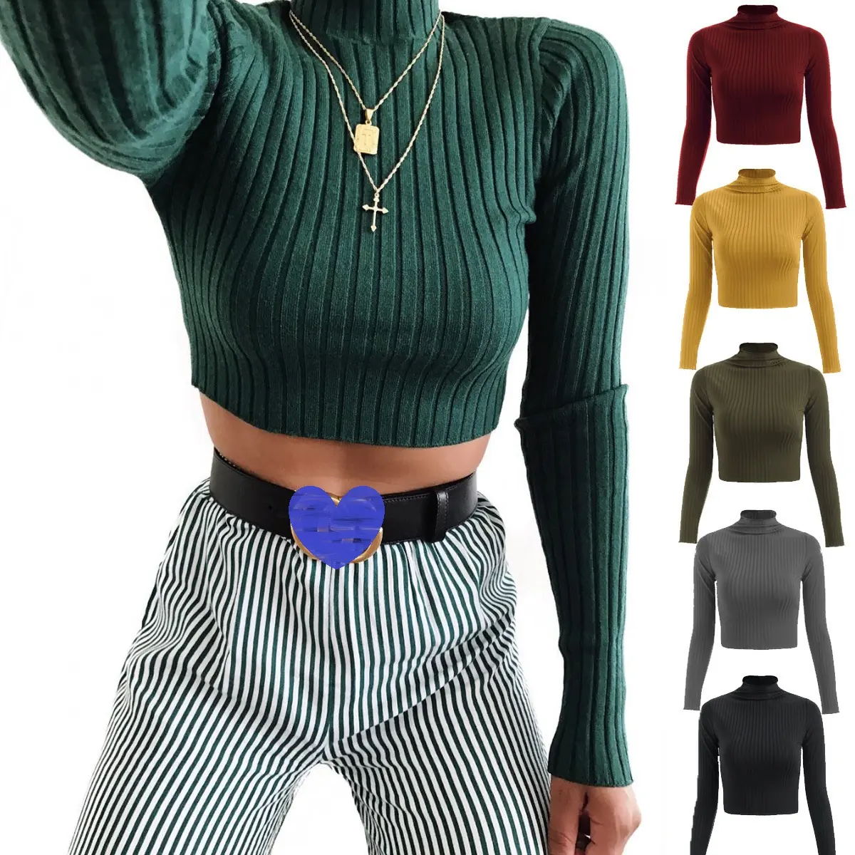 Turtleneck Sweaters Sexy Navel Bare Cropped Tops Women Autumn Winter Ribbed Jumpers Lady Knitted Pullovers Short Solid Sweaters