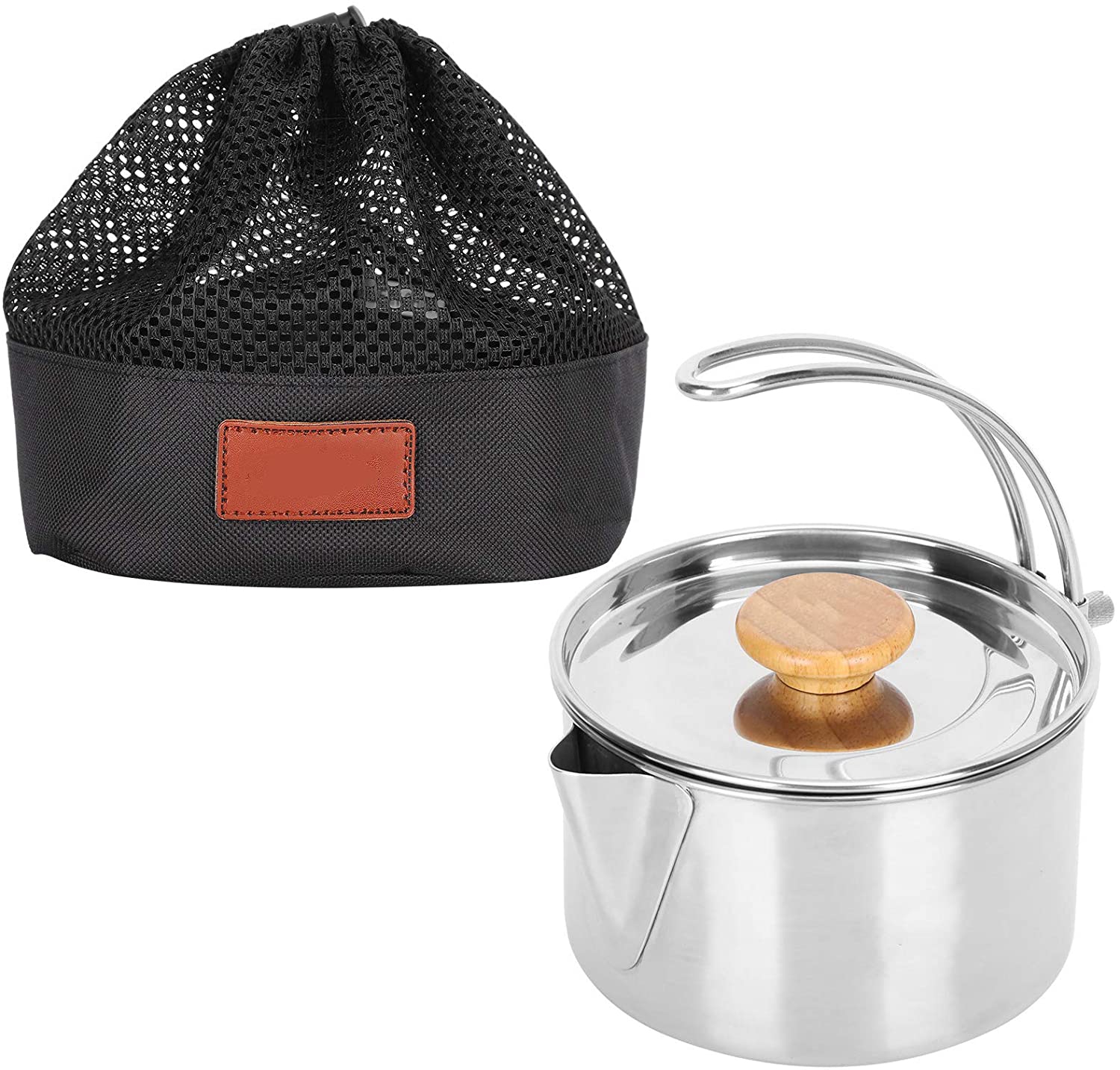 1.1L Outdoor Kettle Stainless Steel Pot Wooden handle Portable Camping Folding Cooking Pot for Hiking Backpacking Brushcraft