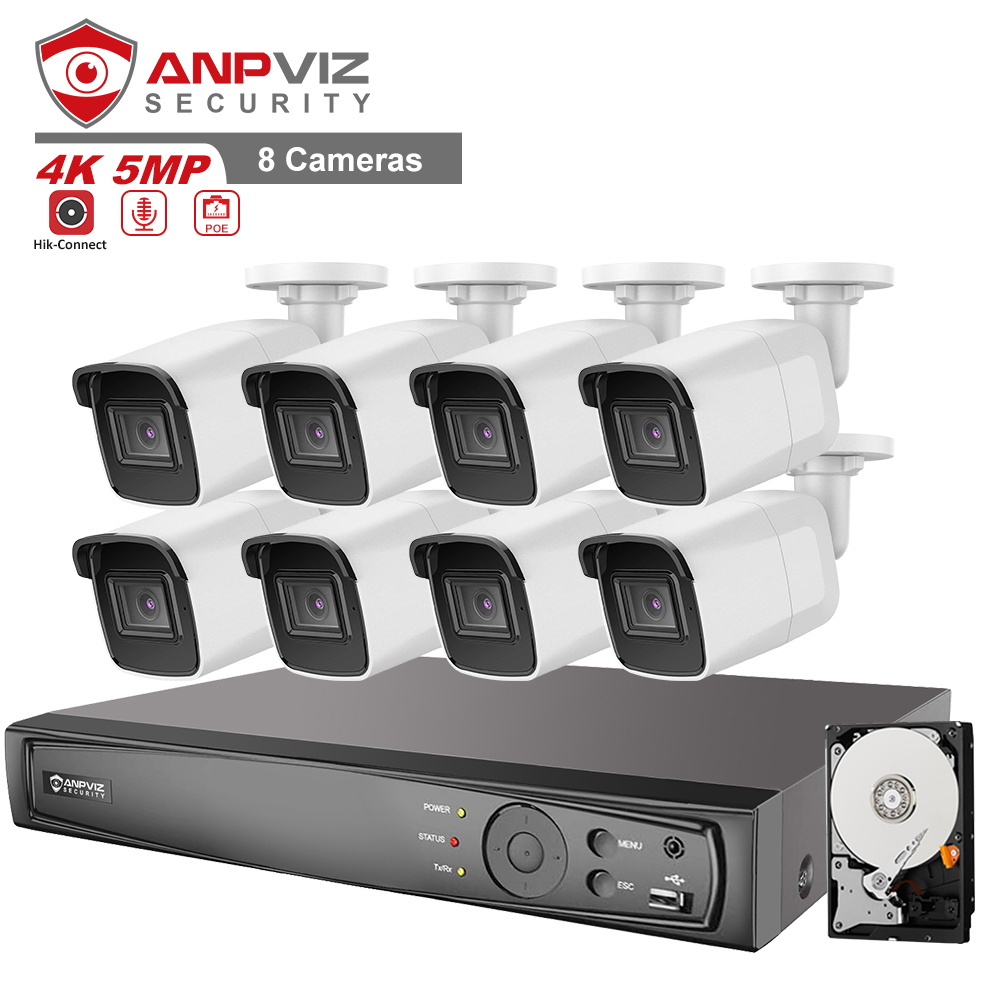 Anpviz 5MP CCTV camera kit 8pcs 5MP POE IP Camera One-way Audio IP67 Bullet 8CH 4K NVR с 2 ТБ HDD H.265 + p2p 7/24 запись