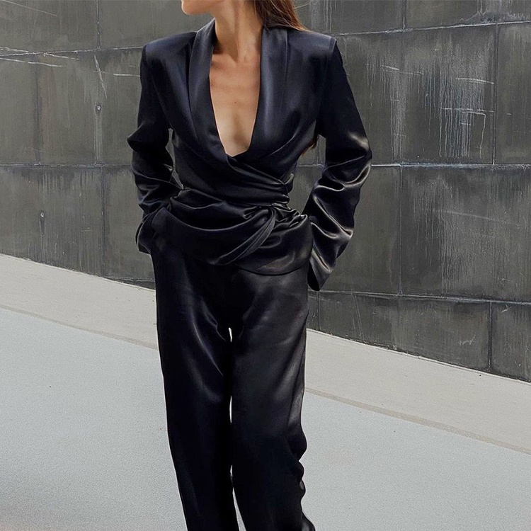 Europe And America Station Fashion Design Sense Suit Female Autumn New High-End Professional Satin Suit Wide Leg Pants Two Sets