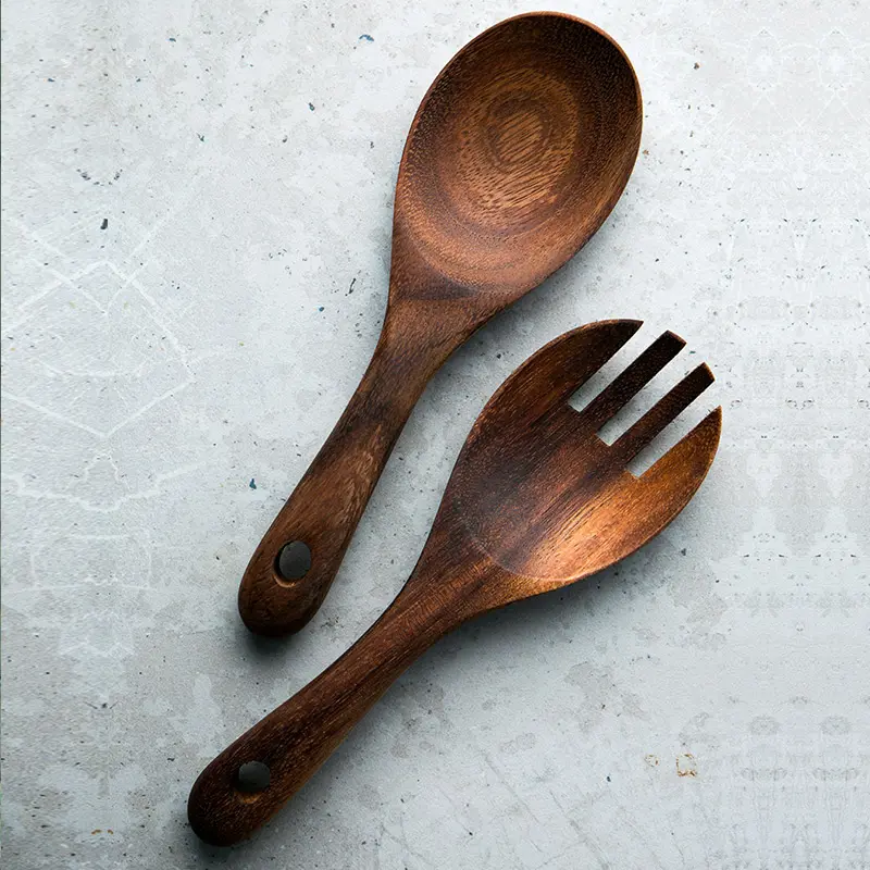 Wooden Serving Spoons Rice Scoop Salad Mixing Spoon Large Wood Kitchen Spoon Fork Short Handle Cutlery Set Wood Cooking Utensils