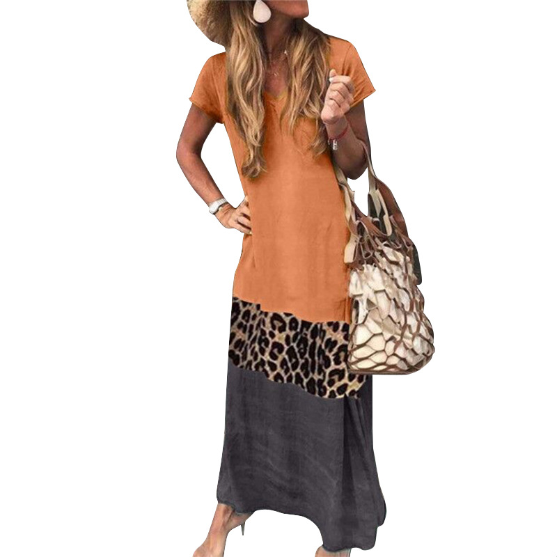 Kaftan Casual Loose V-neck Leopard Print Stitching Short Sleeve Plus Size Women African Long Dress