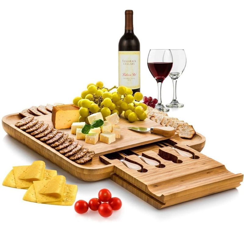 Newell Amazon Natural Unique Utensils Sets and 4 Stainless Steel Cutting Knives Set Bamboo Cheese Board with Cheese Tools