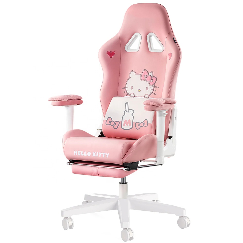 Низкая цена $78 2022 милый розовый игровой стул Hello Kitty с подставкой для ног OEM мультяшный узор Розовый игровой стул с оттоманкой для девочек