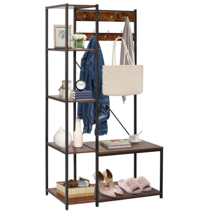 Coat Rack Bench Hall Tree with 7 Hooks Entryway Storage 4 Shelves and 1-Tier Shoe Shelf
