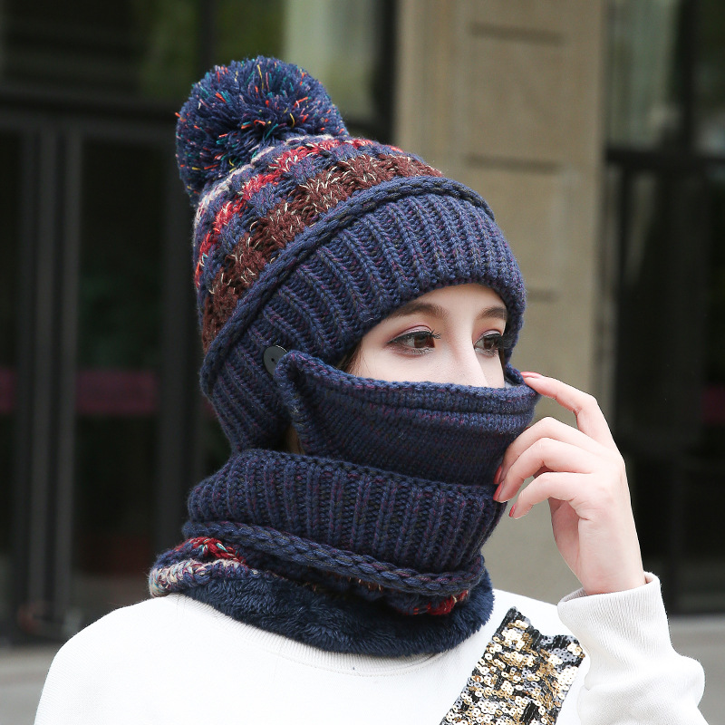 Hot selling winter warmth woolen knitted velvet hat mask scarf set driving hats for lady girls women