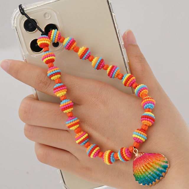 Woying 2021 Boho Colorful Handmade Wave Spherical Beads Phone Strap Beach Wind Acrylic Shell Key Chain Pendant